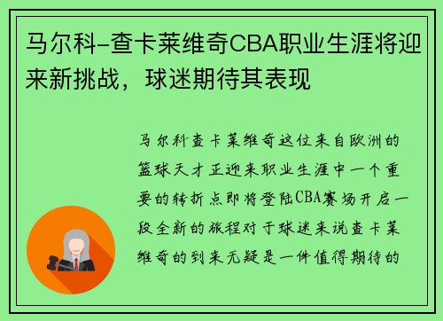 马尔科-查卡莱维奇CBA职业生涯将迎来新挑战，球迷期待其表现